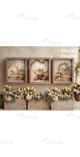 Tło fotograficzne „Wielkanocne króliczki w rustykalnych ramkach” | E651